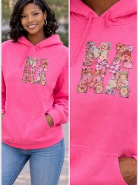 Pink & Green Floral "MAMA" Graphic Crewneck Women's Sweatshirt Hoodie Large